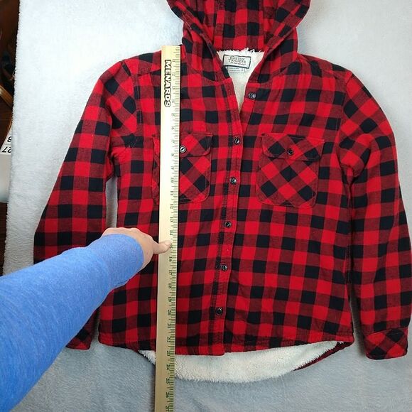 Boston Traders Flannel Shirt Jacket Women's Small Red Buffalo Plaid Sherpa Hood - Picture 5 of 9